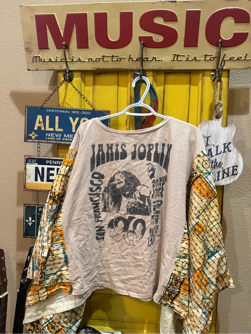 Janis Joplin Graphic Kids Long-Sleeve Top - Cream with Multi Color Sleeves